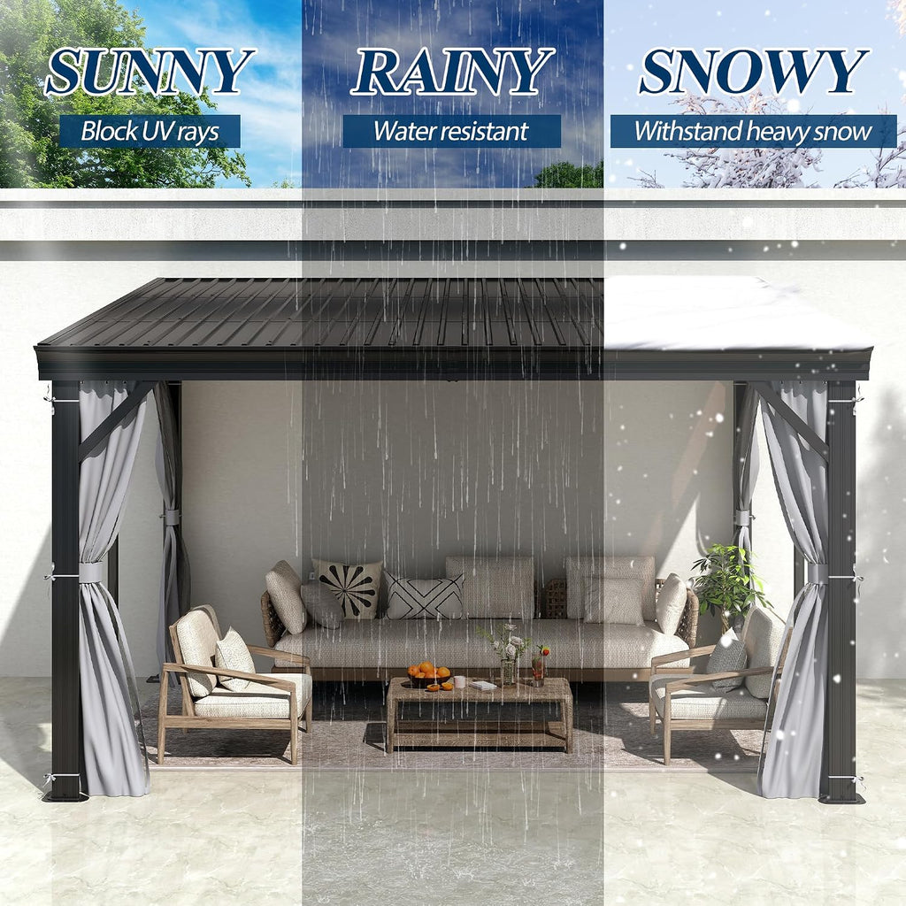 COVERONICS 10' X 12' Outdoor Lean to Gazebo - Wall-Mounted Aluminum Frame Gazebo with Slope Metal Roof, Patio Heavy-Duty Lean to Pergola with Netting & Curtains for Garden, Backyard, Deck