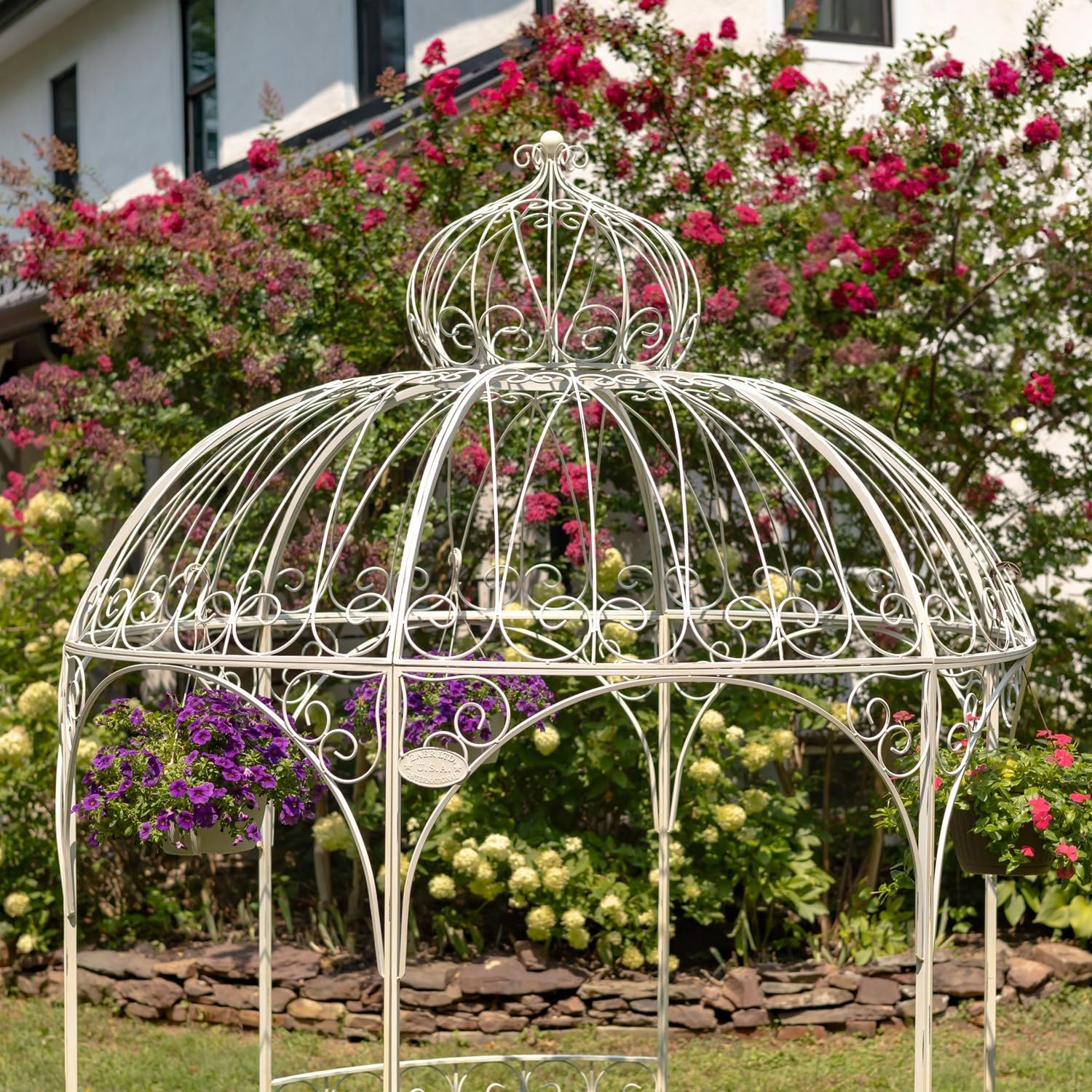 Large Round Metal Garden Gazebo with 3 Entries and Side Walls (Antique White)