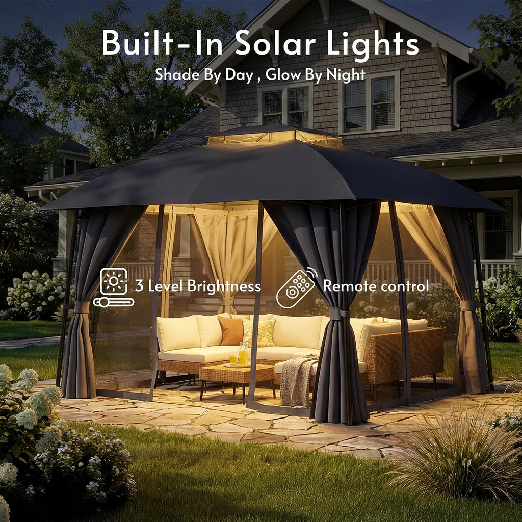 Outdoor Patio Gazebo 10x12 with Solar Powered LED Light, Heavy Duty Metal Frame Canopy Tent Shelter with Double Roof Design, Patio Gazebo with Mosquito Nettings and Privacy Screens for Patio