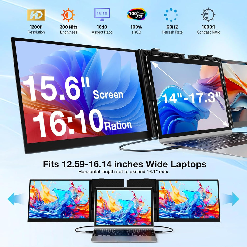 Laptop Screen Extender, Ultra-Thin 15.6' FHD 1200P 16:10 Portable Monitor for Laptop, Lightweight Travel Monitor Extender Plug & Play for 14.2'-17.3' Laptops, Compatible with Wins/Mac/Android/Chrome