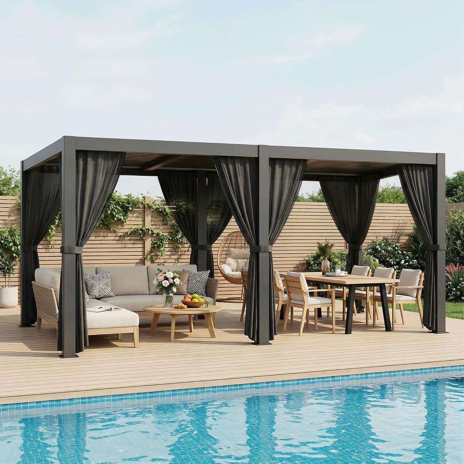 10'×20' Outdoor Louvered Pergola, Aluminum Outdoor Louvered Pergola Patio with Adjustable Roof for Outdoor Deck, Backyard, Garden (10x20FT with Curtain)