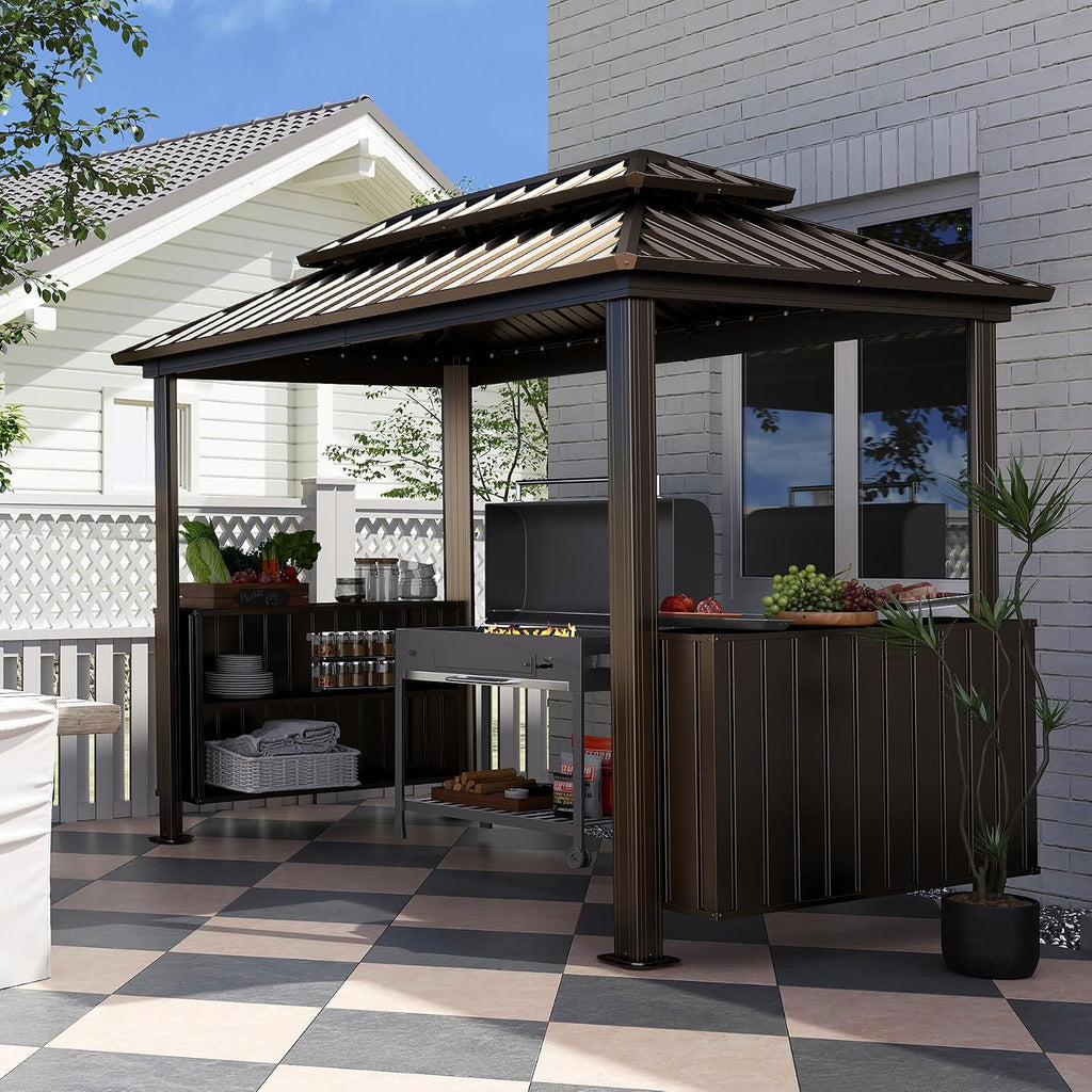 Domi 6x10FT Hardtop Grill Gazebo, Outdoor BBQ Gazebo with Double Galvanized Steel Roof, Patio Grill Canopy with 2 Cabinets and Ceiling Hooks for Backyard, Lawn, Garden, Brown