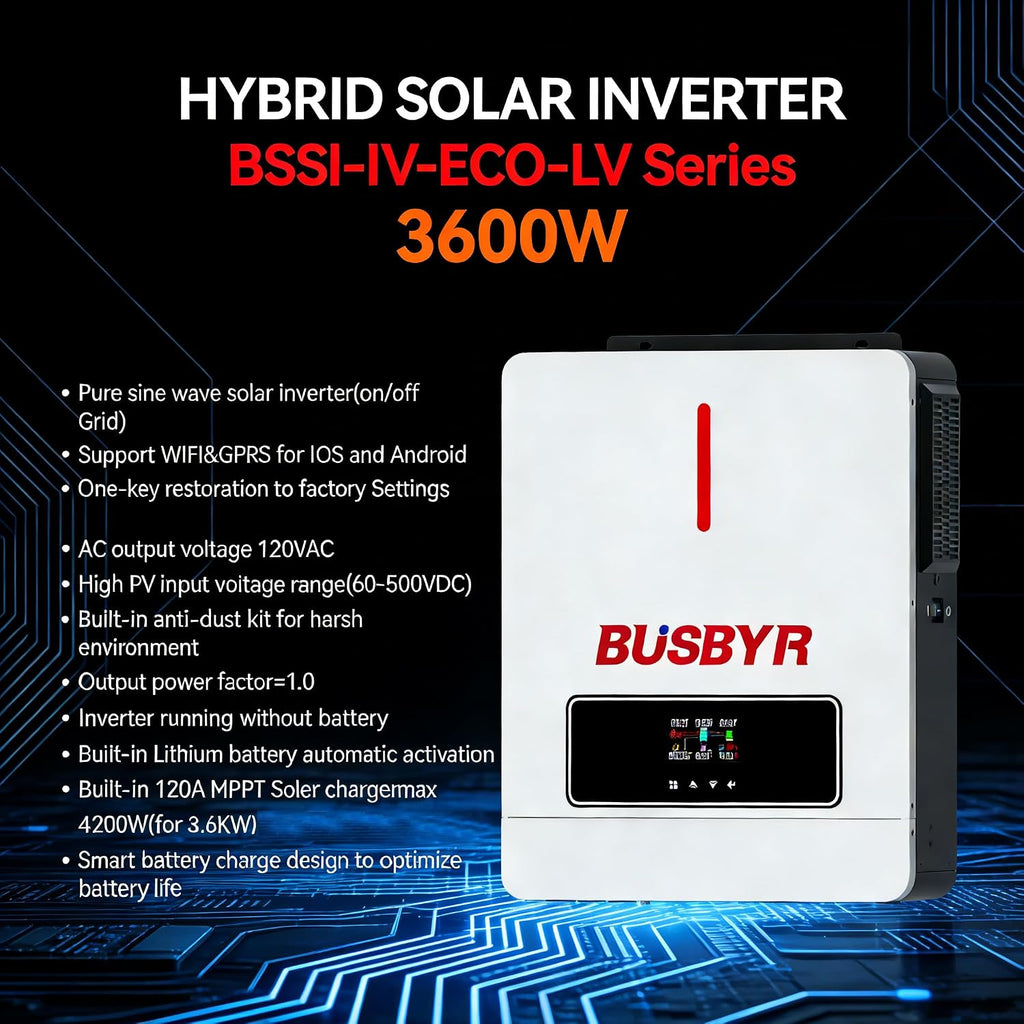 3600W Hybrid Solar Inverter Charger, 24V DC to 110V/120V AC Pure Sine Wave, Built-in 120A MPPT Controller, All-in-One Off Grid Solar Inverter for Home, RV, Cabin Backup