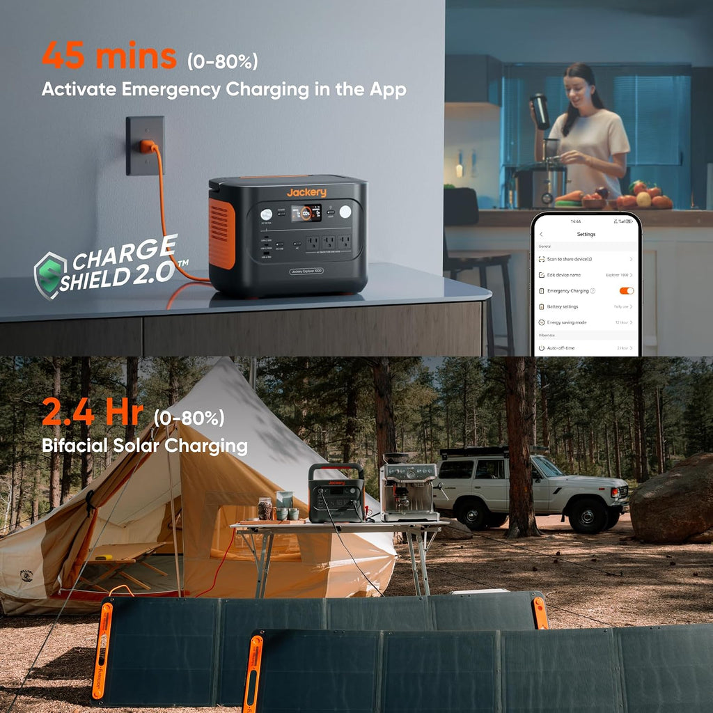 Jackery Solar Generator 1000 v2 with 2x100W Solar Panel,1070Wh Portable Power Station LiFePO4 Battery,1500W AC/100W USB-C Output,1Hr Fast Charge for Outdoor,Off-Grid Living,RV,Emergency
