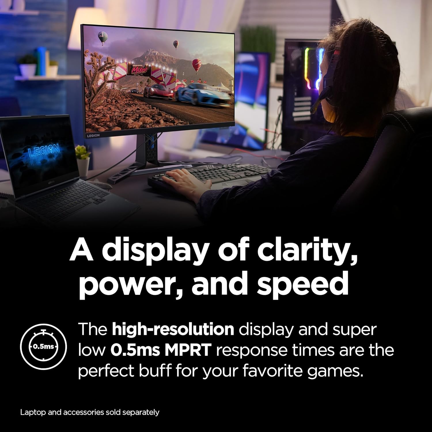 Lenovo Legion Y27h-30 Monitor - Gaming Monitor - 27' QHD Display - Overclocked 180z Refresh Rate - Lenovo Artery Software - AMD FreeSync™ Premium - 0.5ms MPRT - Raven Black NearEdgeless Design