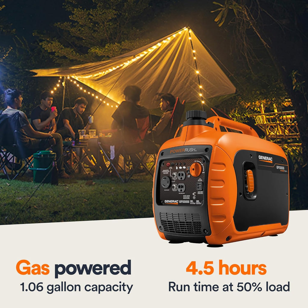 Generac 3,300-Watt Gas Powered Portable Inverter Generator - Lightweight and Compact - USB Ports for Device Charging - Produces Clean, Stable Power - Great for Home Backup, Camping, and RV Use