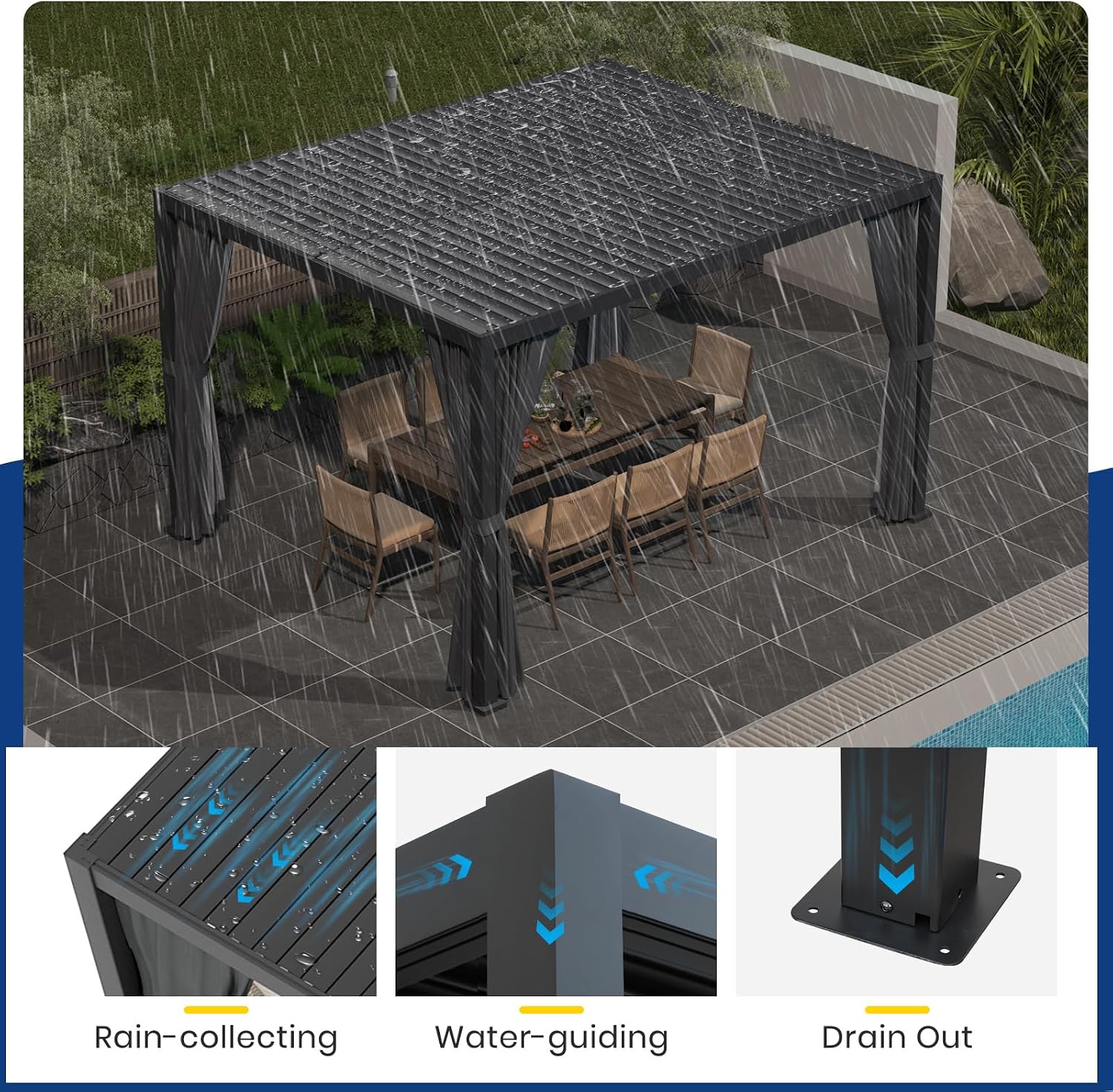 10'×12' Outdoor Louvered Pergola, Aluminum Outdoor Louvered Pergola Patio with Adjustable Roof for Outdoor Deck, Backyard, Garden (10x12FT with Curtain)