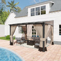 10' x 12' Gazebo for Patio,Wall Mounted Gazebo with Sloping Polycarbonate Roof,Aluminum Frame Outdoor pelgole w/Netting & Curtain for Garden,Deck,Backyard,Khaki