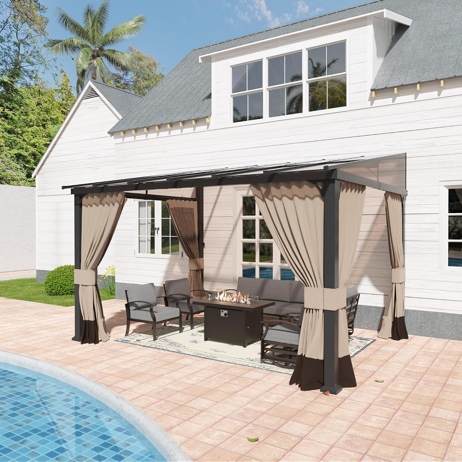 10' x 12' Gazebo for Patio,Wall Mounted Gazebo with Sloping Polycarbonate Roof,Aluminum Frame Outdoor pelgole w/Netting & Curtain for Garden,Deck,Backyard,Khaki