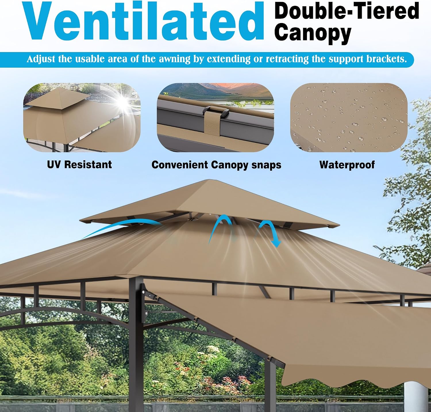 TITIMO 8'x 8' x 7.8' Double Tiered Grill Gazebo with Side Awning,Outdoor Patio BBQ Pergola, Heavy-Duty Metal Frame Canopy Tent with Side Shelves,Hooks,Bottle Opener for Lawn Deck and Garden (Khaki)