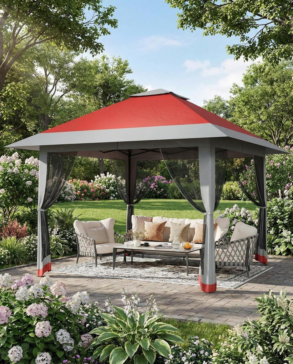 13x13ft Pop Up Gazebo, Outdoor Canopy Tent with Mosquito Netting, Heavy Duty Party Tent Shelter with Waterproof and Ultraviolet Double Roof for Backyard, Garden, Lawn and Deck (Red)