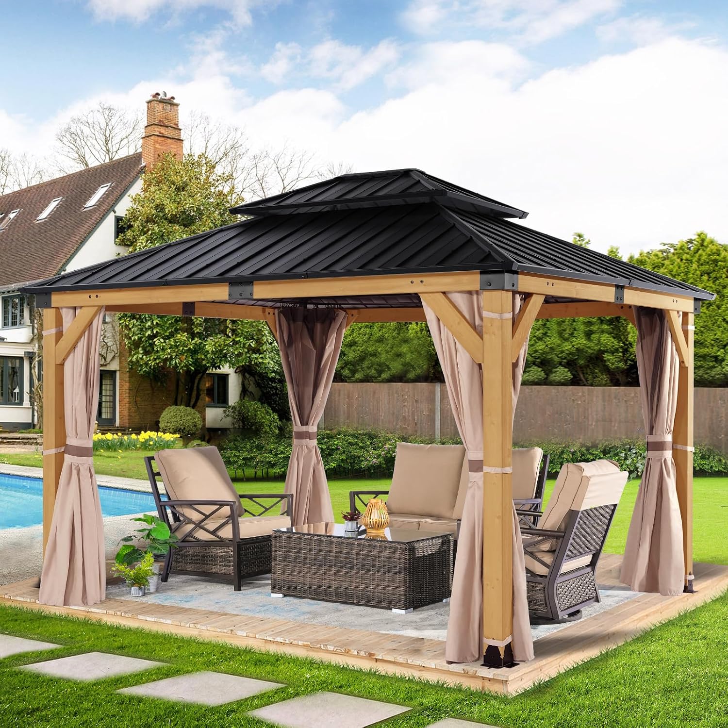 10'x12' Wooden Hardtop Gazebo,Wood Heavy Duty Solid Cedar Gazebos with Mosquito Netting and Waterproof Curtains,Outdoor Metal Canopy for Deck Patio
