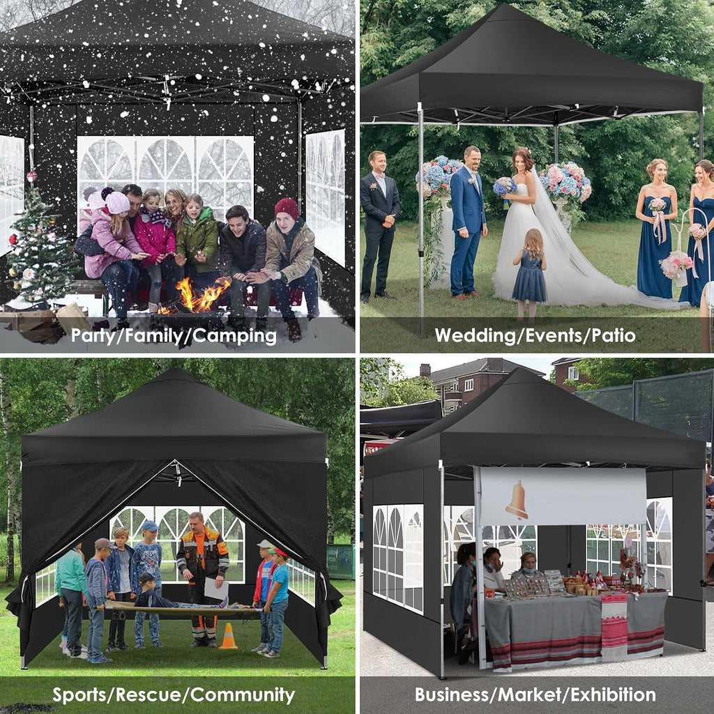 COBIZI 10x10 Heavy Duty Pop Up Canopy Tent with 4 Sidewalls Thicken Frame, Commercial Easy Up Outdoor Wedding Party Tents, All Season Waterproof Windproof with Stakes Sandbags Ropes Roller Bag, Black