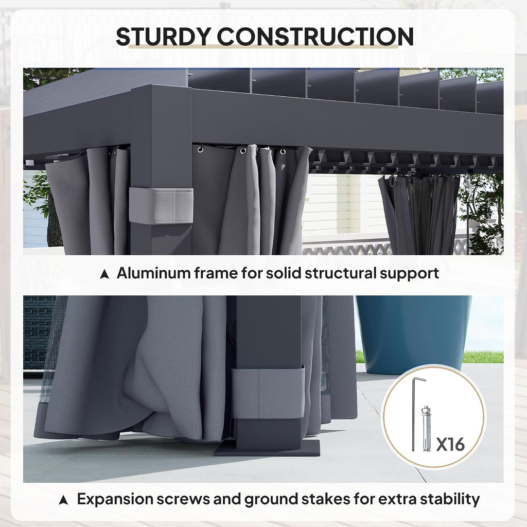 Outsunny 10 x 13 ft. Louvered Pergola Hardtop Gazebo with Adjustable Aluminum Roof and Frame, Outdoor Pergola with Curtains and Netting, for Garden, Lawn, Backyard, and Deck, Dark Gray