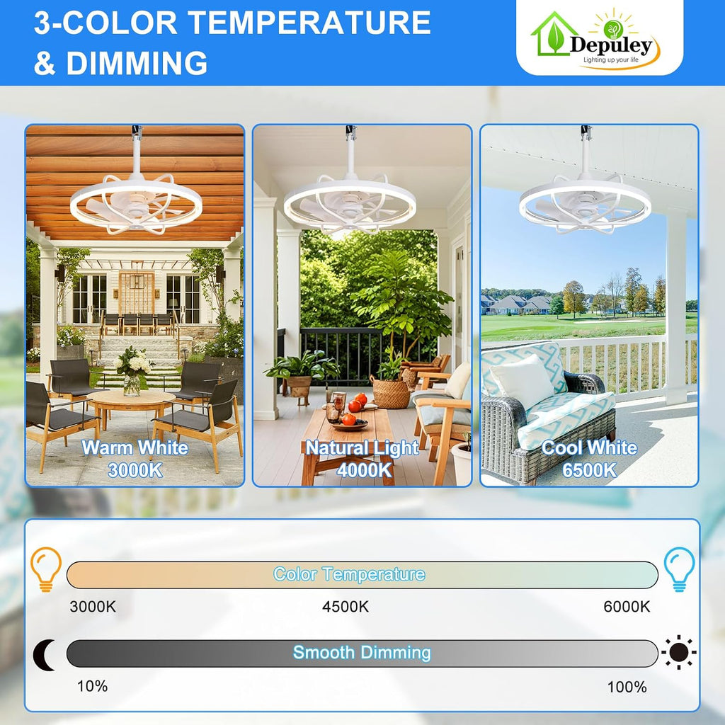 Depuley 20' Outdoor Ceiling Fan with Lights, White Waterproof Gazebo Hanging Fan with Remote App Control, Dimmable Plug in Caged outdoor Ceiling Fans for patios Porch 6-Speeds