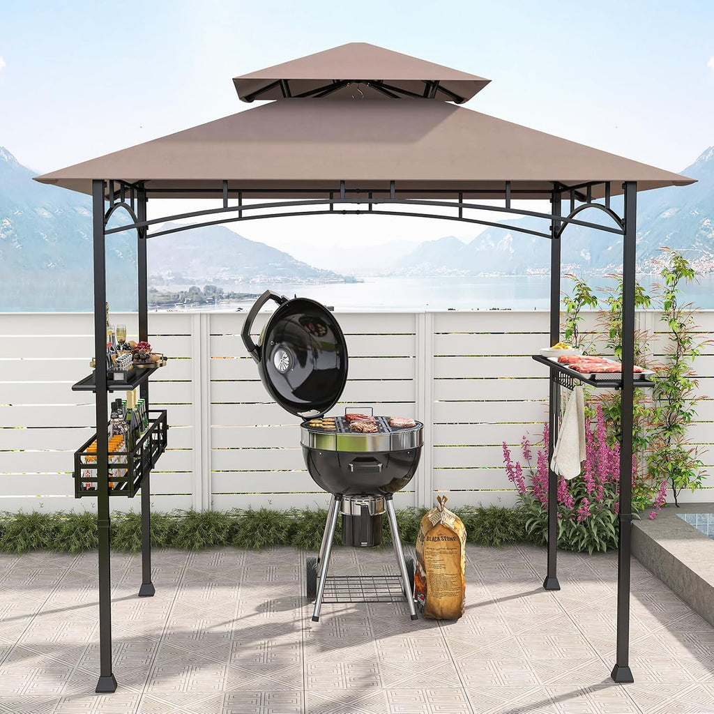 8 x 5 Ft Grill Gazebo Canopy, Double Tiered BBQ Gazebo for Outdoor Grill with 2 Side Shelf, Storage Basket, Ceiling Hook, Barbecue Bar Canopy Tent for Backyard Garden Patio Poolside (Coffee)