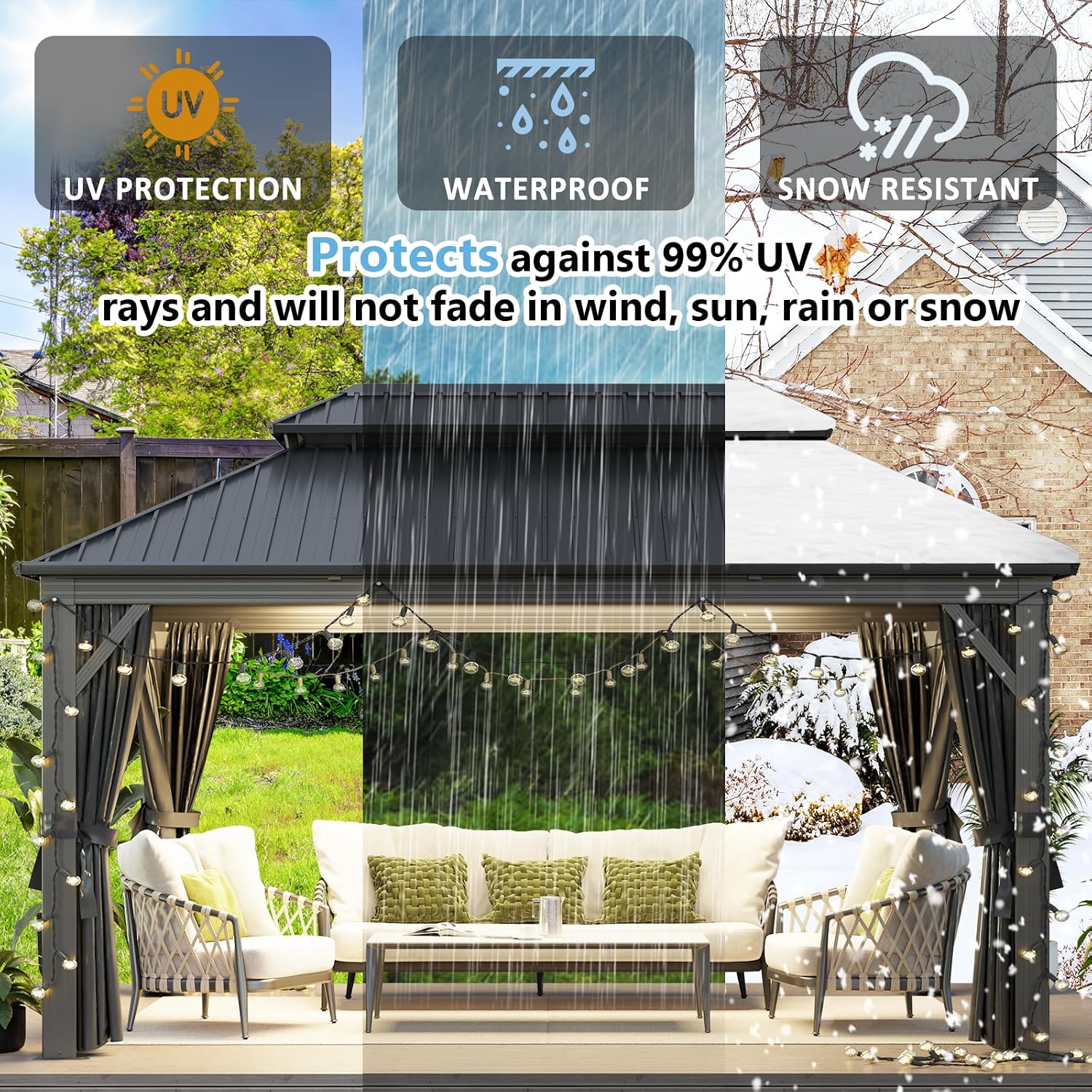Aoxun 12' X 16' Hardtop Gazebo, Outdoor Pergolas with Mosquito Netting and Curtains, Galvanized Steel Double Roof Permanent Aluminum Gazebo, and LED Outdoor Waterproof Hanging Lights