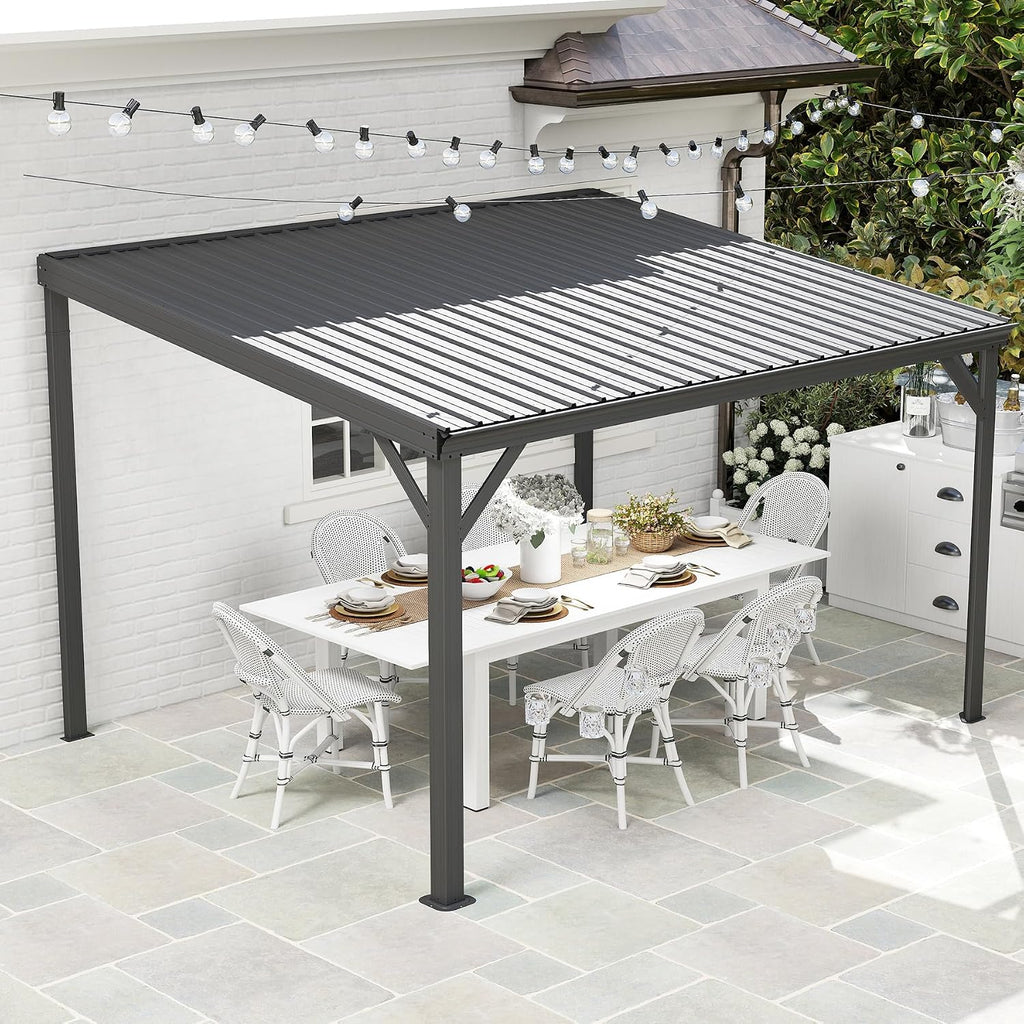 8x10FT Lean to Gazebo, Outdoor Metal Hardtop Wall Mounted Gazebo with Gutter & Sloping Galvanized Steel Roof, Hard Top Awnings/Shelter for Deck, Porch, Backyard
