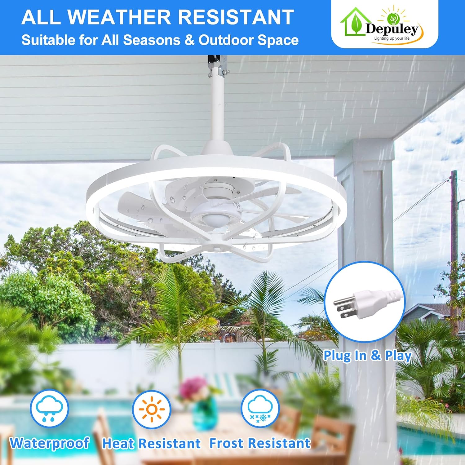 Depuley 20' Outdoor Ceiling Fan with Lights, White Waterproof Gazebo Hanging Fan with Remote App Control, Dimmable Plug in Caged outdoor Ceiling Fans for patios Porch 6-Speeds