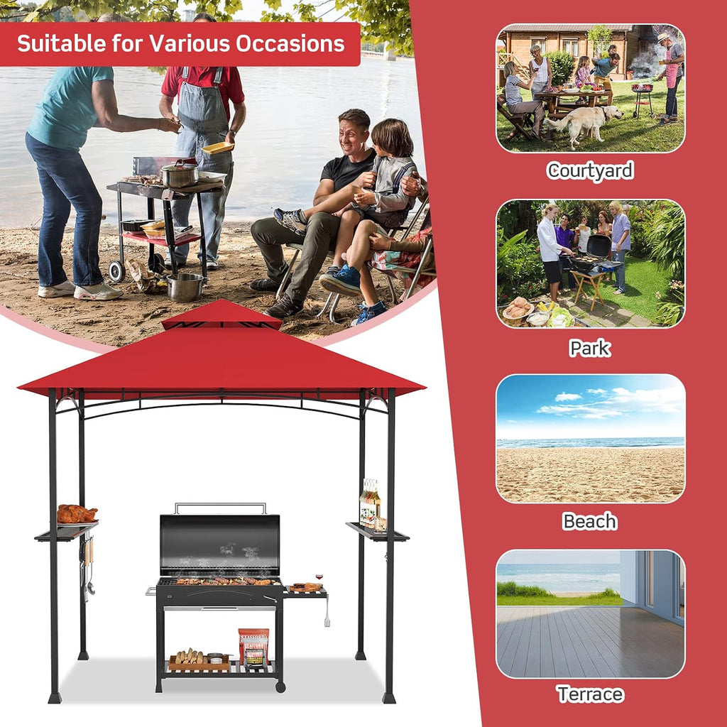 Tangkula 8x5 Ft Grill Gazebo, Double Tiered Outdoor Barbecue Grill with 2 Side Shelves, 5 Hooks, Bottle Opener for Patio, Garden, Beach, Backyard (Wine)