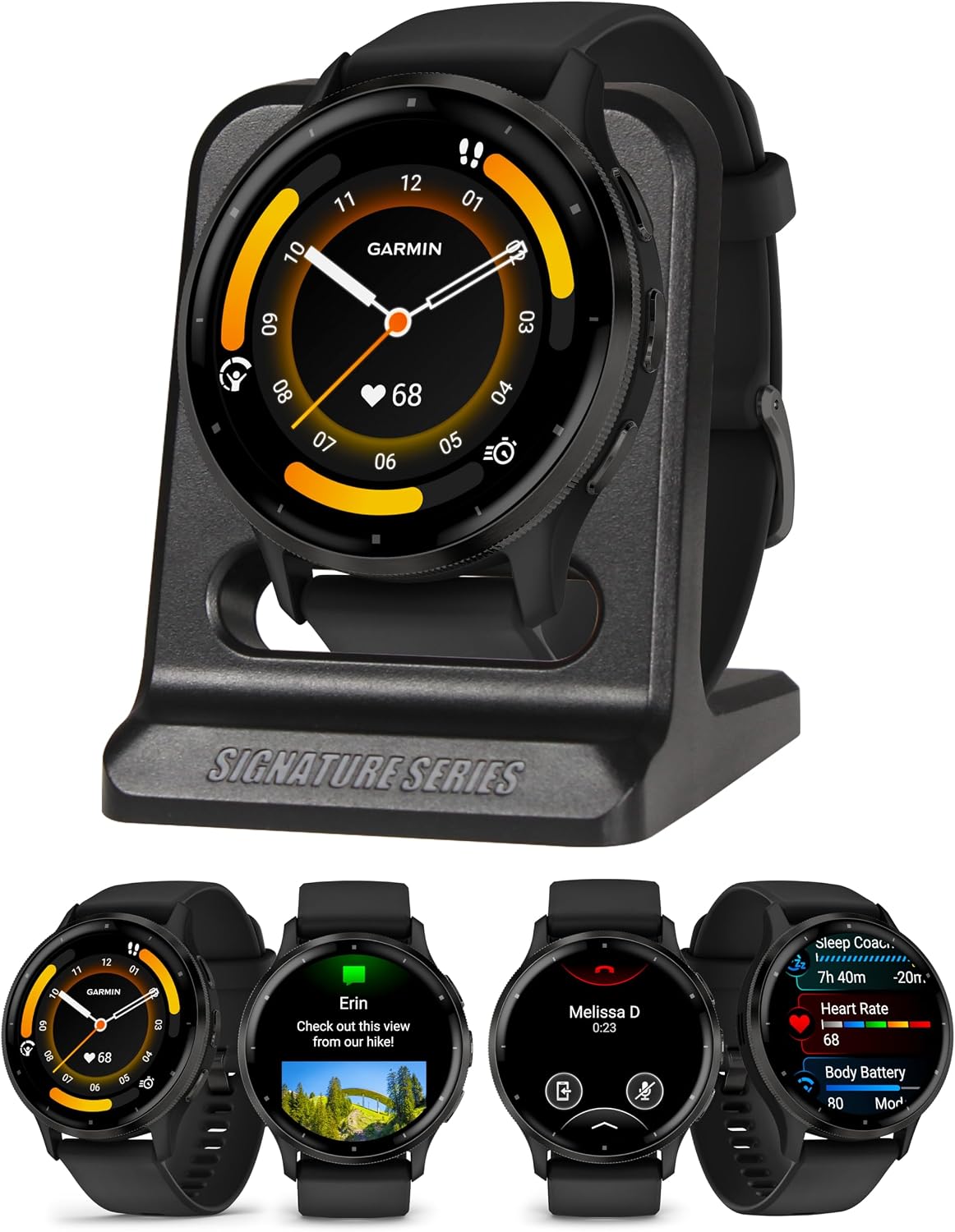 Garmin Venu 3 Running GPS Smartwatch with AMOLED Display, Advanced Health, Fitness Features, Up to 14 Day Battery Life with Signature Series Modern Power Stand | Slate with Black Silicone Band