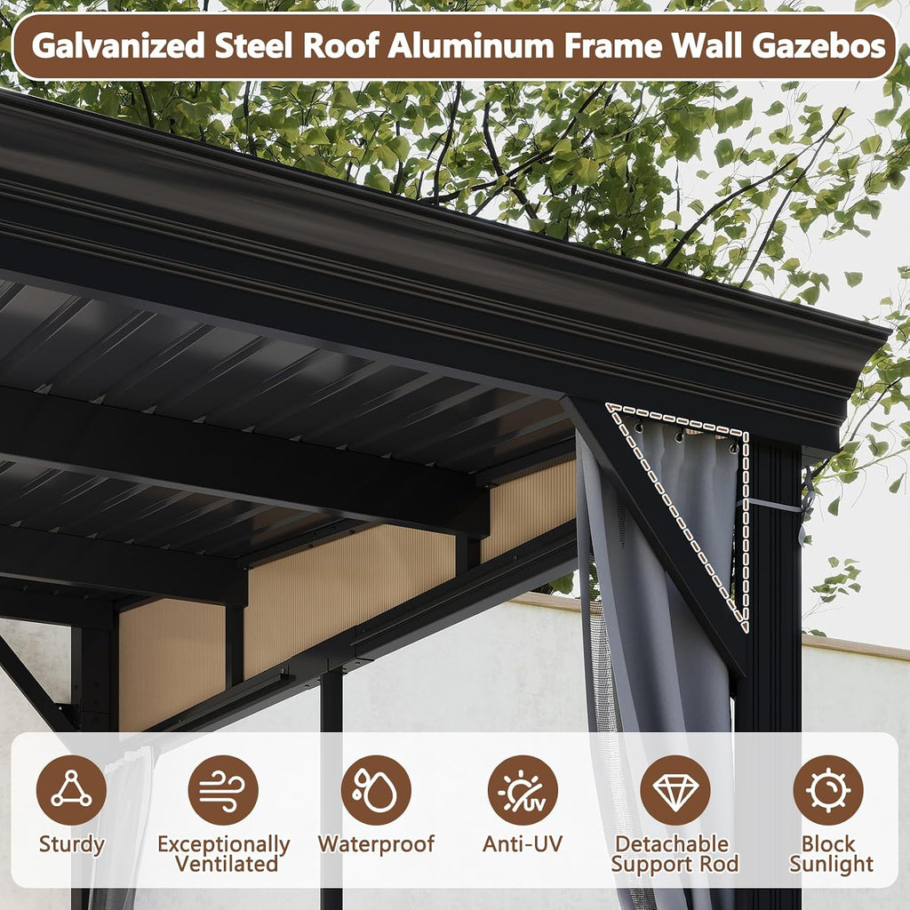 10'x12' Lean to Gazebo, Hardtop Wall Mounted Gazebo with Aluminum Frame, Slpoing Galvanized Steel Roof Wall Gazebos Pergola with Curtains and Netting for Patio,Decks, Garden and Lawn