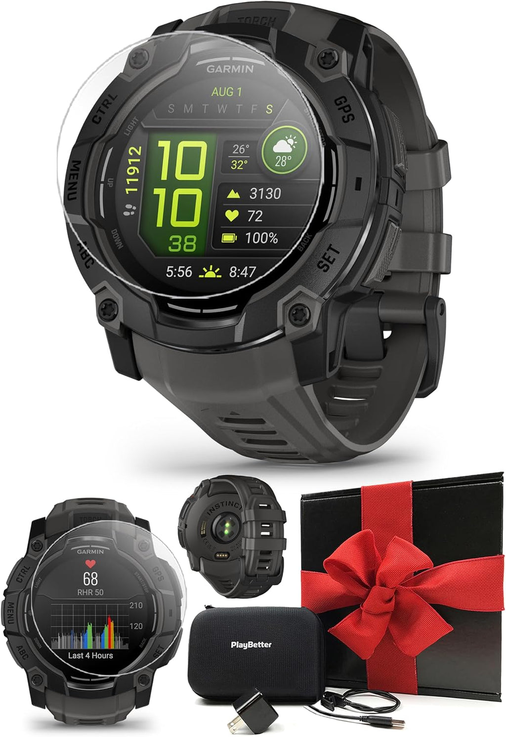 PlayBetter Garmin Instinct 3 AMOLED 50mm (Black/Charcoal) Rugged Outdoor GPS Smartwatch Gift Box Bundle - Metal Reinforced Bezel, Built-in Flashlight HD Screen Protectors, Wall Adapter & Case