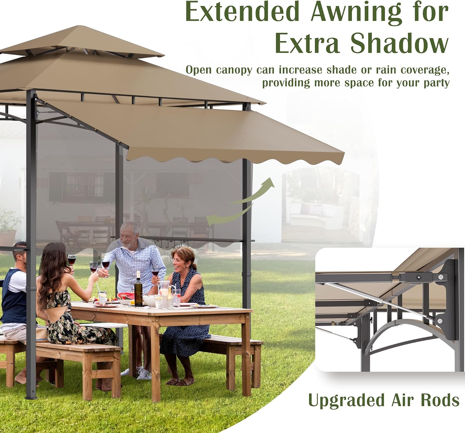 8'X 8' Grill Gazebo with Extra Side Awning, Double Tiered BBQ Gazebos Heavy-Duty Steel Frame Awning W/2 Side Shelf 7 Hook, Outdoor Pergola Awning Tent for Patio Deck Backyard BBQ Party (Khaki)
