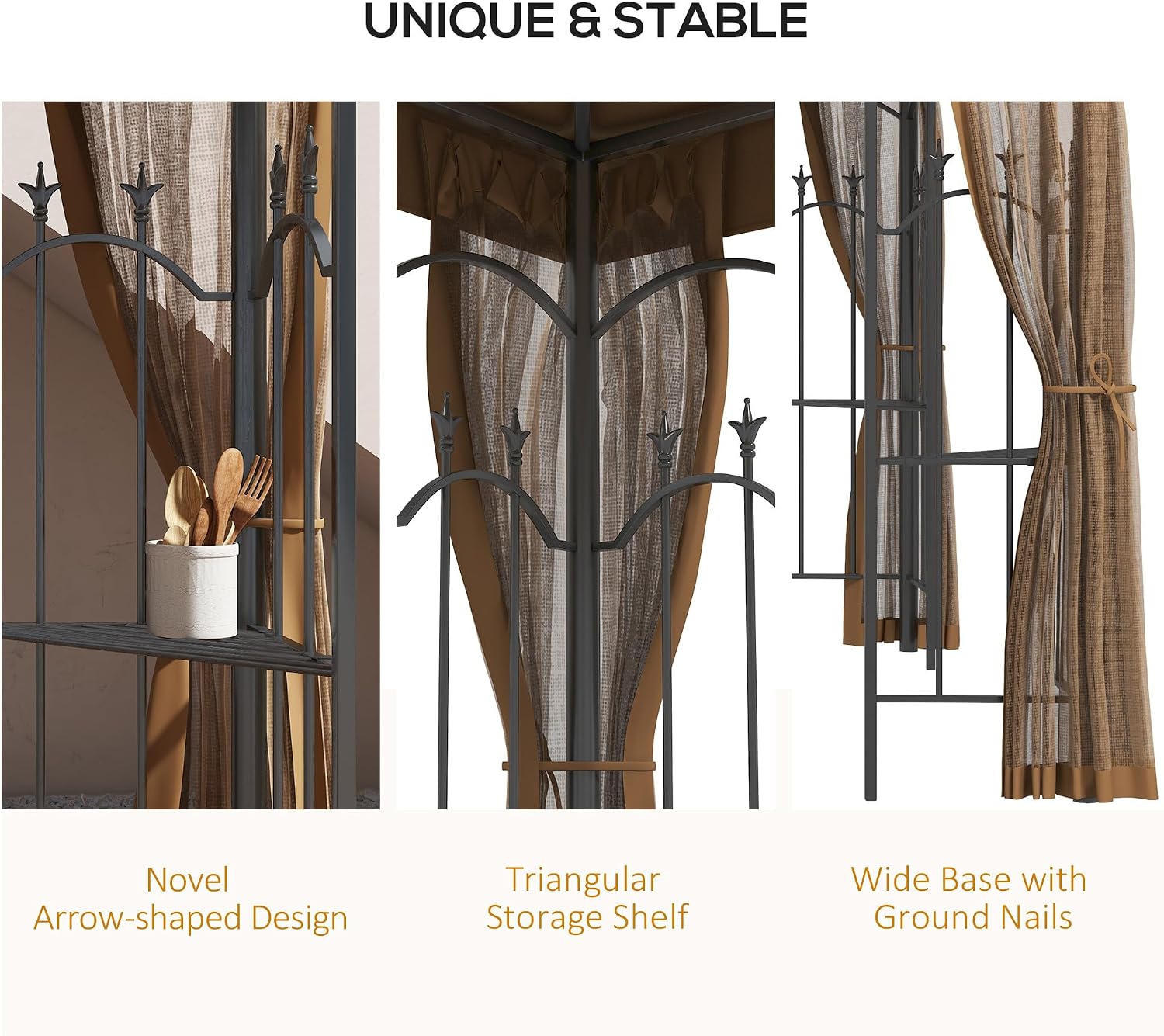 Outsunny 10' x 12' Patio Gazebo with Corner Frame Shelves, Double Roof Outdoor Gazebo Canopy Shelter with Netting for Patio, Wedding, Catering & Events, Brown
