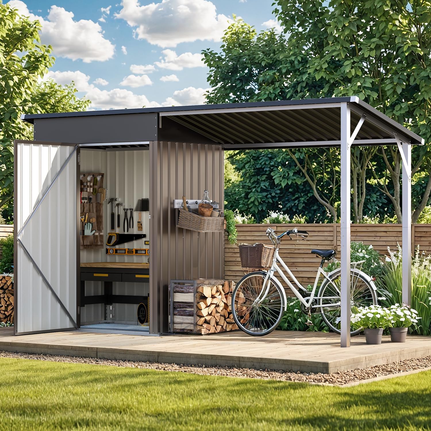 AECOJOY 5x3 FT Outdoor Storage Shed & Hardtop Gazebo Combo, 10x4 FT Metal Lean to Shed with 3'x5' Open Pergola, 2-in-1 Tool Sheds & Outdoor Storage for Patio, 30 Sq.Ft Covered