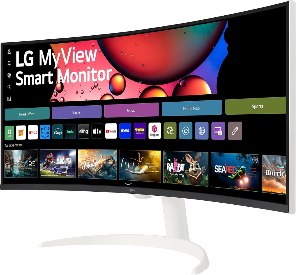 LG 34SR63QA-W 34 inch Smart Curved Monitor with Streaming TV, QHD 1440p, UltraWide Screen, USB Type-C 65W PD, 1800R, webOS, HDR10, 100Hz, Built-in Speaker, AirPlay2, Screen Share, Bluetooth, White