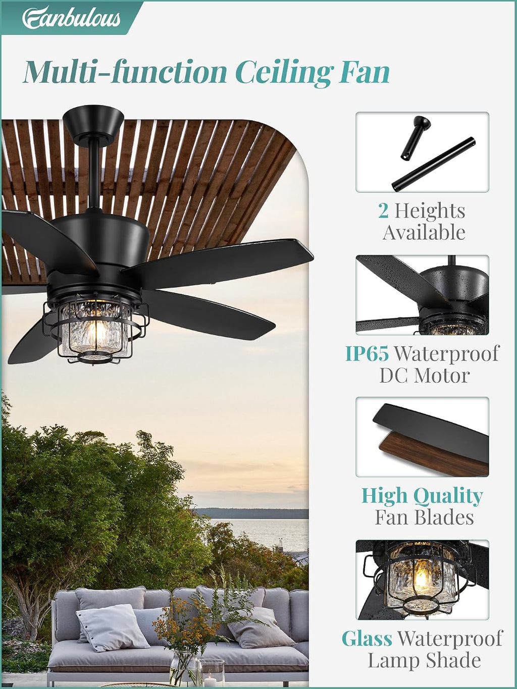 Fanbulous 42' Outdoor Ceiling Fans with Lights and Remote Control,IP65 Wet Rated Waterproof Ceiling Fan with 6-Speed DC Motor, Farmhouse Gazebo Fan for Porch Patios Pavilion（Black）