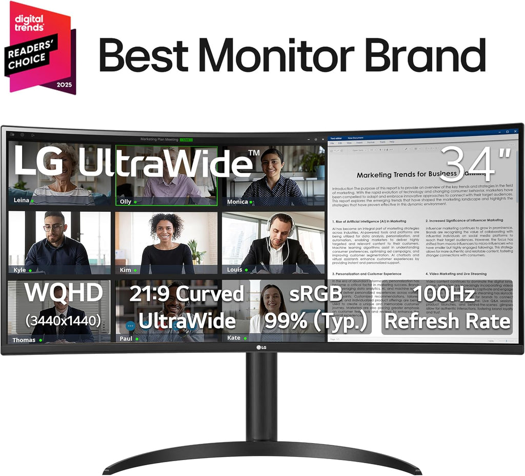 LG 34WR55QK-B 34-inch UltraWide WQHD (3440 x 1440) Curved Computer Monitor, 100Hz, 5ms, HDR10, Reader Mode, HDMI, DisplayPort, USB Type-C, Tilt/Height Adjustable Stand, Black
