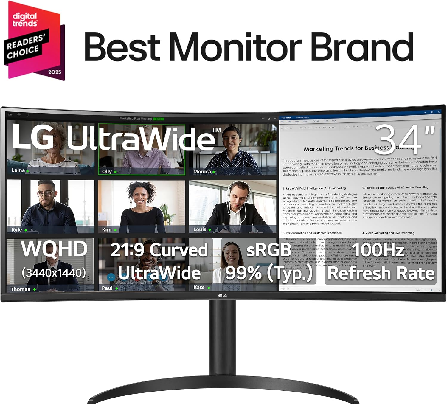 LG 34WR55QK-B 34-inch UltraWide WQHD (3440 x 1440) Curved Computer Monitor, 100Hz, 5ms, HDR10, Reader Mode, HDMI, DisplayPort, USB Type-C, Tilt/Height Adjustable Stand, Black