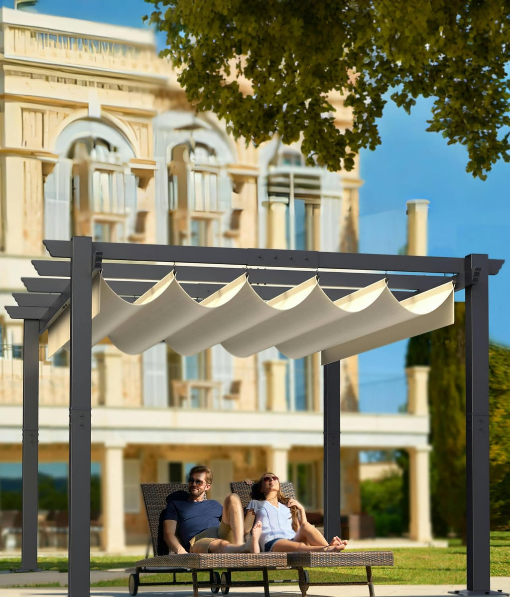 KYBOLT 10'X 13' Aluminum Pergola with Retractable Pergola Canopy, Lawn Shade Shelter for Backyard, Outdoor Party, Garden, Grill Gazebo, Deck (Khaki)