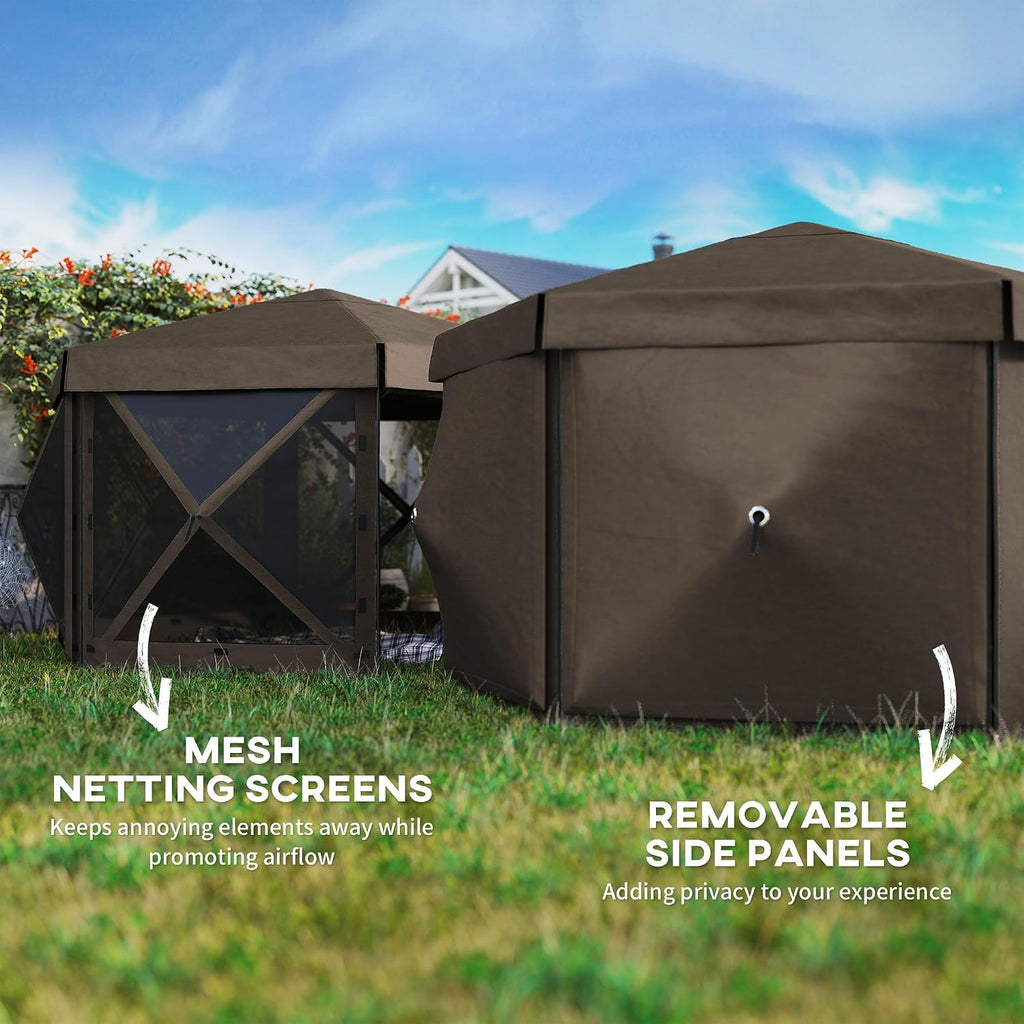 Outsunny 12' x 12' Hexagonal Pop Up Gazebo Tent with 5 Sidewalls, Waterproof Portable Outdoor Canopy Shelter with Curtains, Carry Bag, 5 Ropes, 11 Stakes for Camping, Garden, Patio, Brown