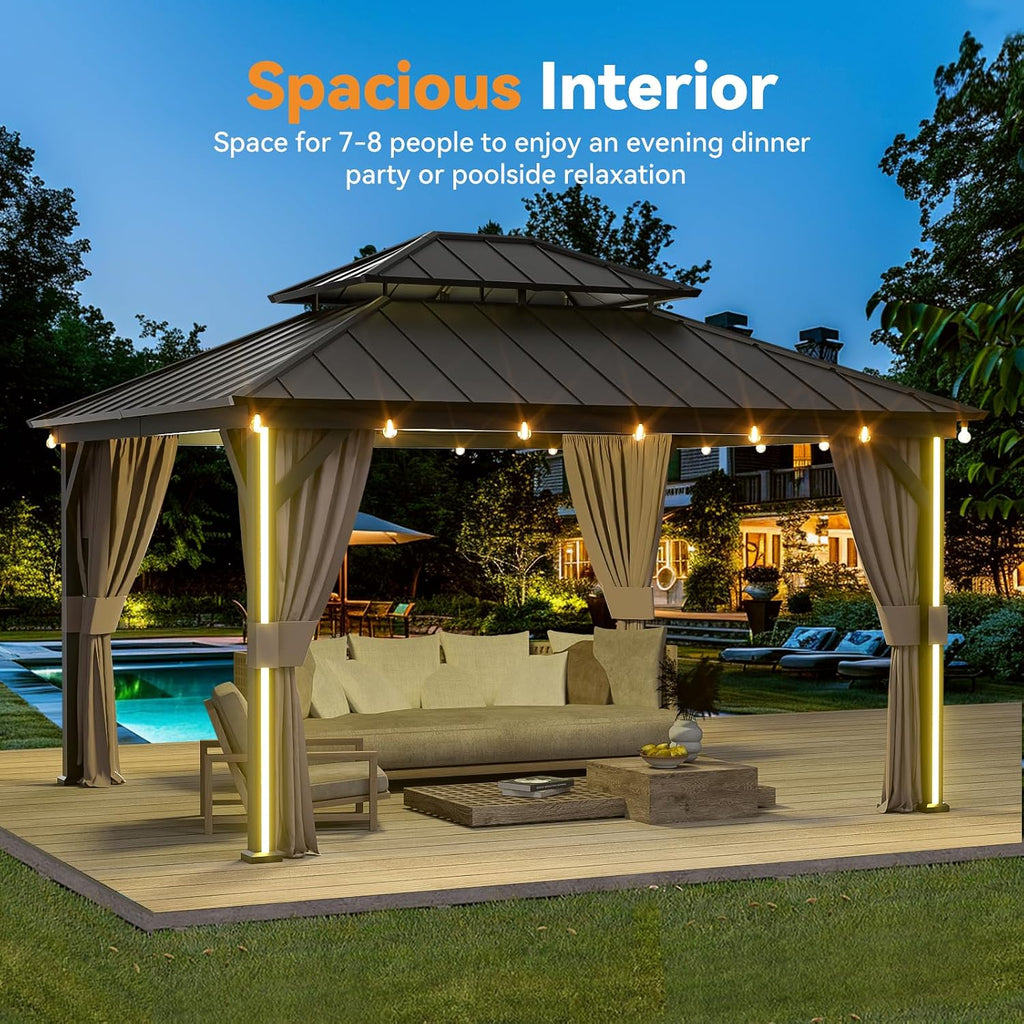 Modern Shade Hardtop Gazebo 12' x 14' with 4 LED Lights, Permanent Outdoor Gazebo with Double Roof, Aluminum Frame, Patio Pavilion with USB Charging Port Deck, Mosquito Netting and Curtains, Black