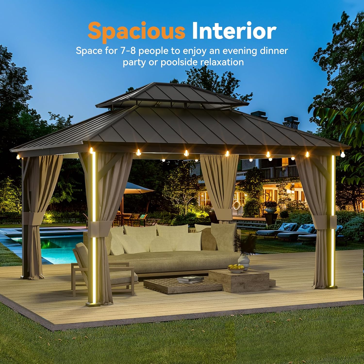 Modern Shade Hardtop Gazebo 12' x 14' with 4 LED Lights, Permanent Outdoor Gazebo with Double Roof, Aluminum Frame, Patio Pavilion with USB Charging Port Deck, Mosquito Netting and Curtains, Black