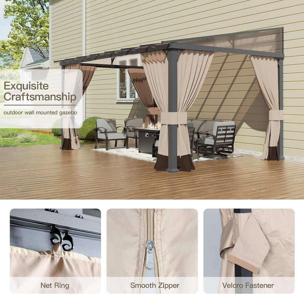 10' x 24' Gazebo for Patio,Wall Mounted Gazebo with Sloping Polycarbonate Roof,Aluminum Frame Outdoor pelgole w/Netting & Curtain for Garden,Backyard,Khaki