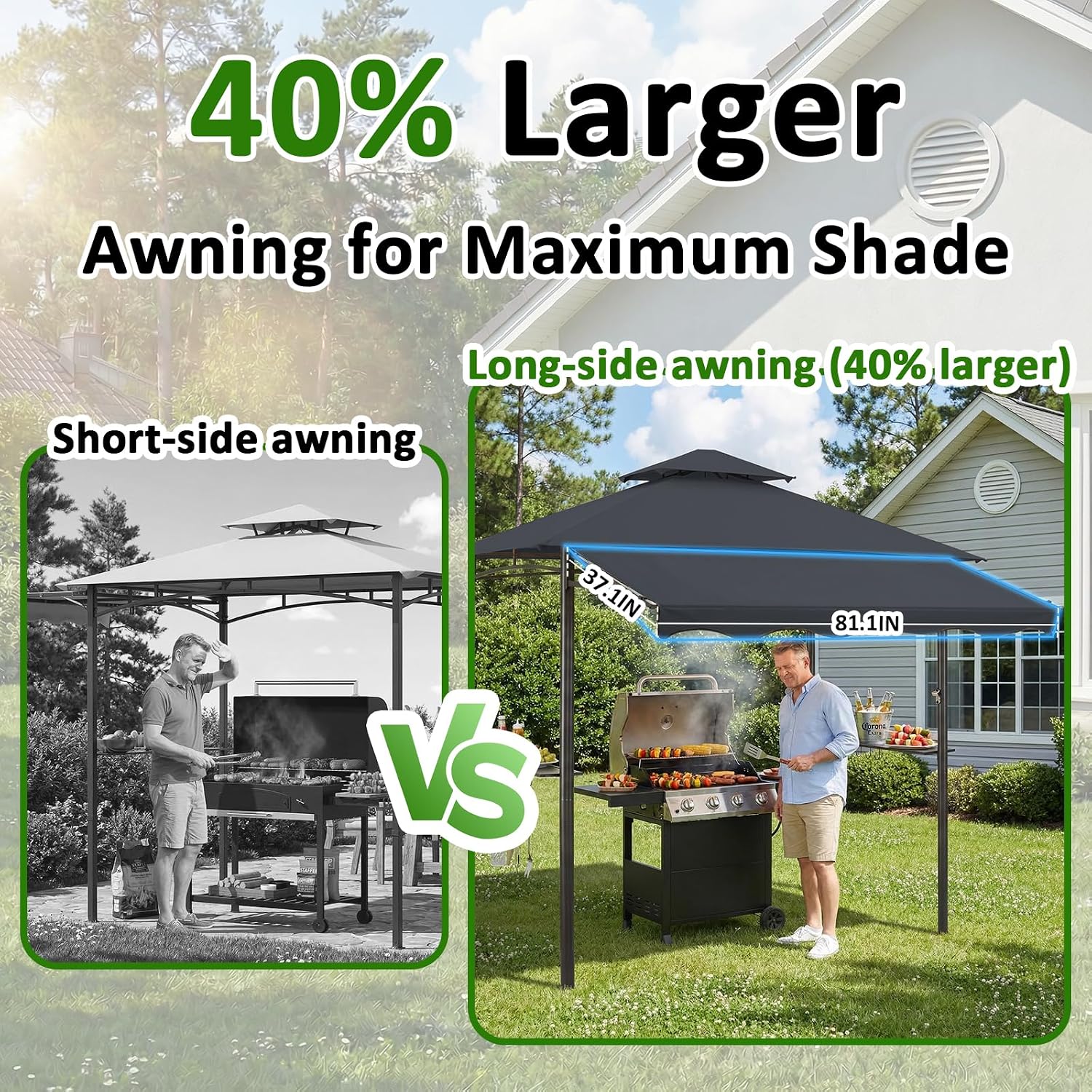 CHARMELEON 8x8 FT Grill Gazebo, Grill Canopy with Big Awning&2 Side Shelves&6 Hooks&Bottle Opener, Powder-Coated Steel BBQ Shelter for Patio Backyard Outdoor Grilling-Dark Gray
