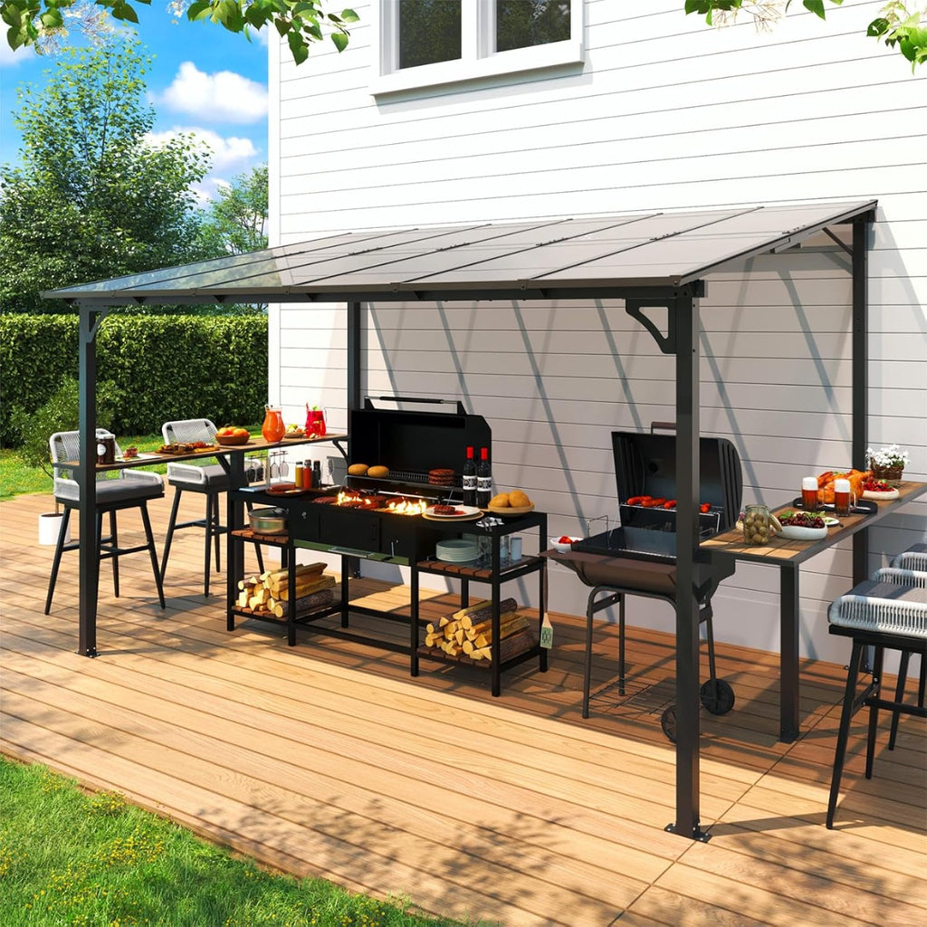 MEISSALIVVE 8' x 12' Wall Mounted Gazebo, Outdoor BBQ Grill Gazebo with Side Shelf, Lean to Metal Awnings with Sloped Roof, Heavy Duty Pergola for Backyard, Deck, Black