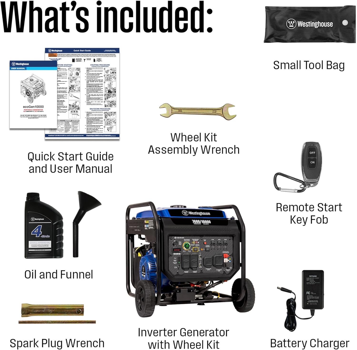Westinghouse 10000 Peak Watt Portable Open Frame Inverter Generator, Remote Electric Start with Auto Choke, Transfer Switch Ready, Gas Powered, CO Sensor