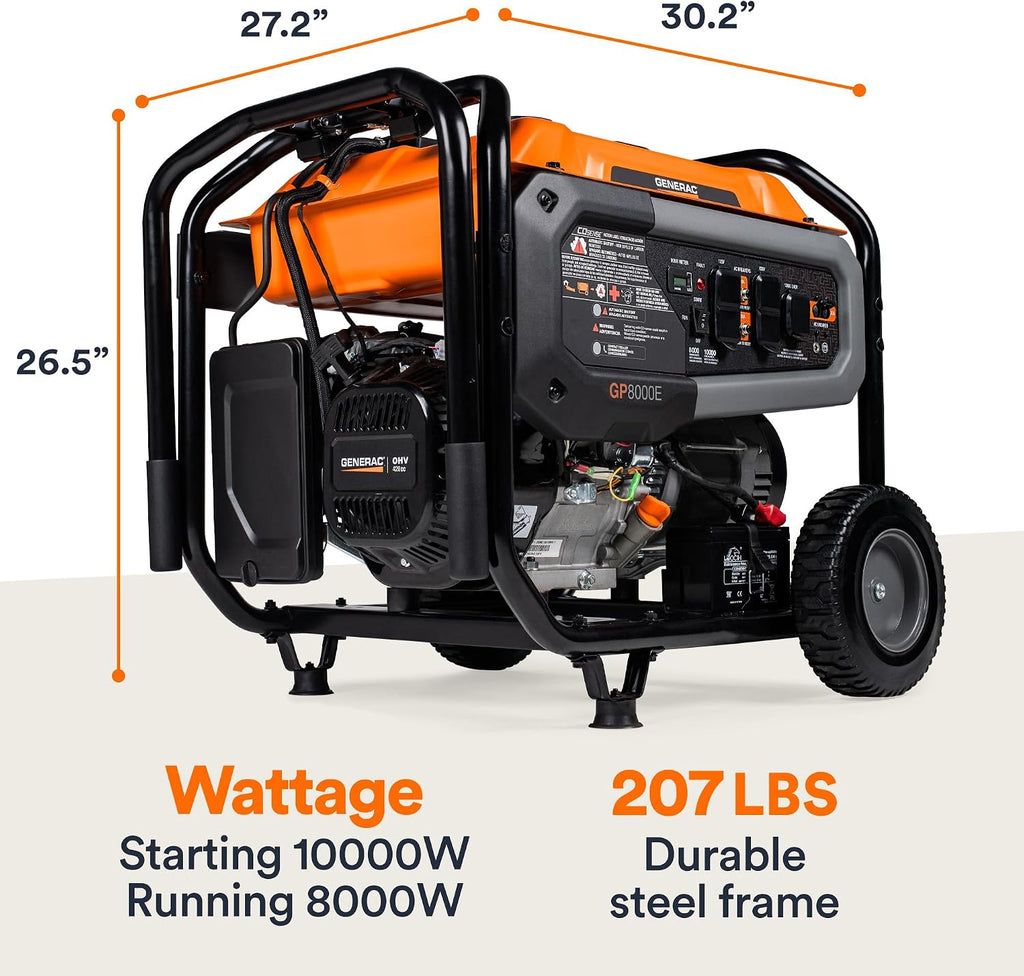 Generac 8,000-Watt Gas-Powered Portable Generator - COsense Technology - Powerrush Advanced Technology - Power for Emergencies and Recreation - Electric Start - Orange/Black - 50 State Compliant