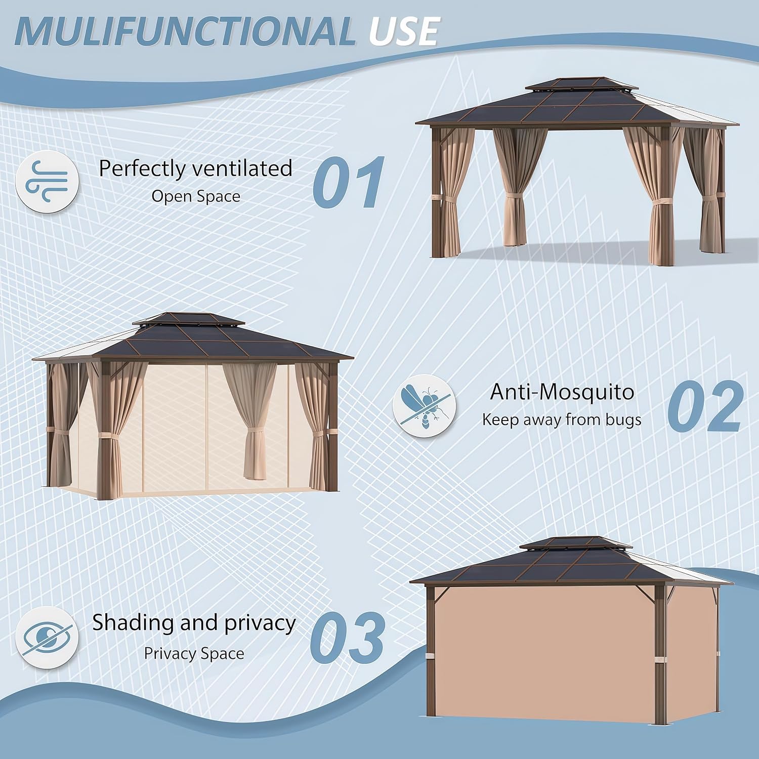 Aoxun 10' x 12' Outdoor Hardtop Gazebo Premium Polycarbonate Double - Roof Structure with Aluminum Frame, Complete with Privacy Curtains & Mosquito Netting for Backyard, Patio, Deck Parties (Brown)