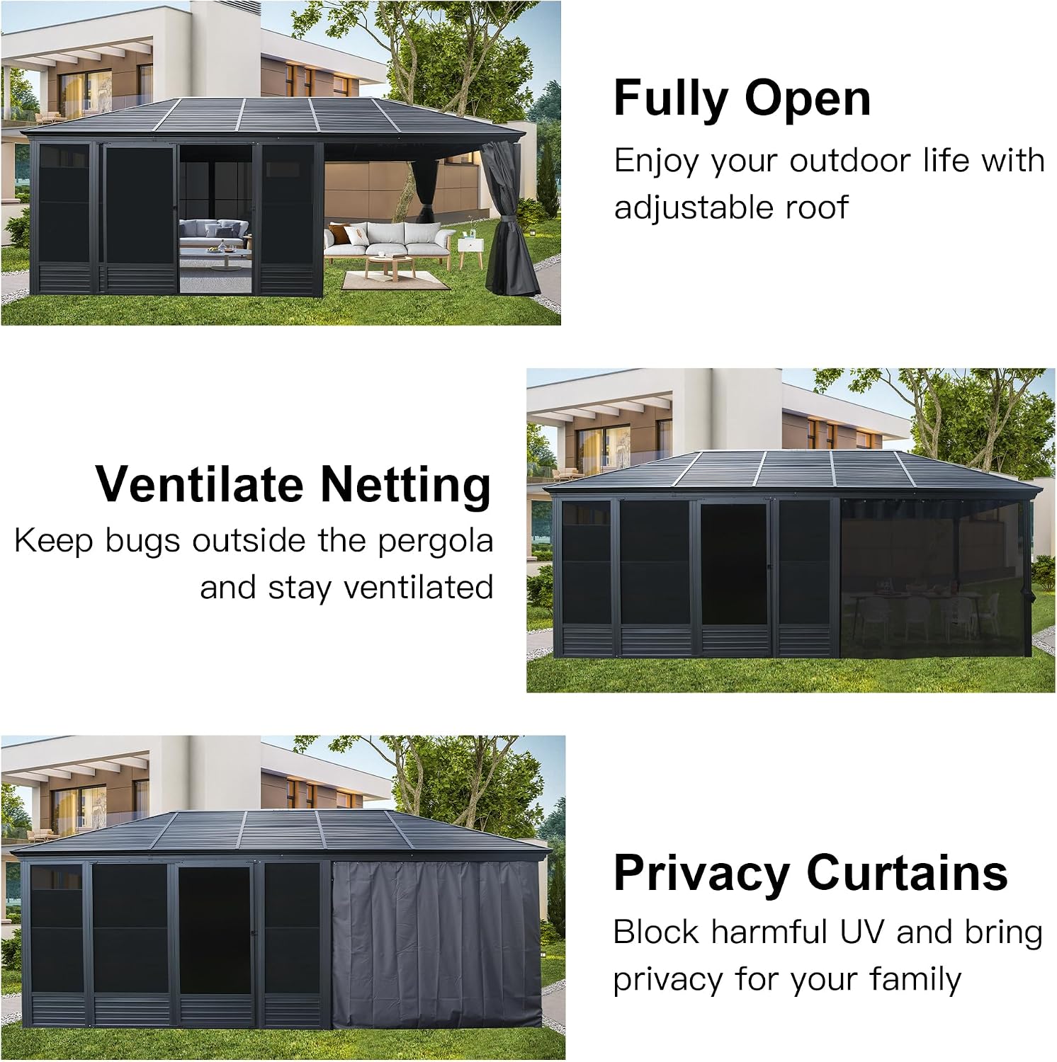 Domi 11x21FT Outdoor Sunroom, All Season Solarium Gazebo with Galvanized Steel Roof, Detachable PE Screen, 2 Lockable Sliding Door, Hardtop Gazebo with Netting and Curtains for Patio Deck Garden