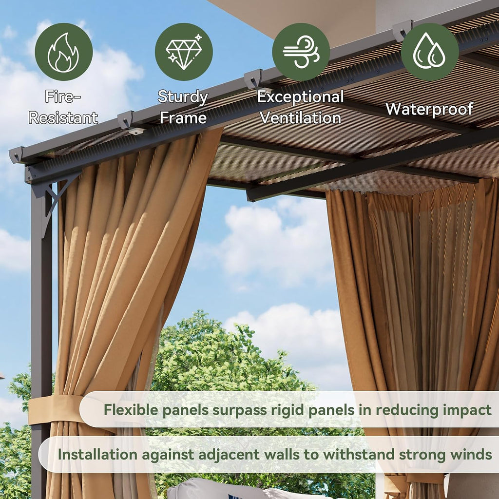 Aoxun 10'x12' Lean to Gazebo with Mosquito Net and Curtains, Aluminum Frame, Polycarbonate Panel, Wall Mounted Pergola with Sloped Roof for Backyard, Porch, Deck