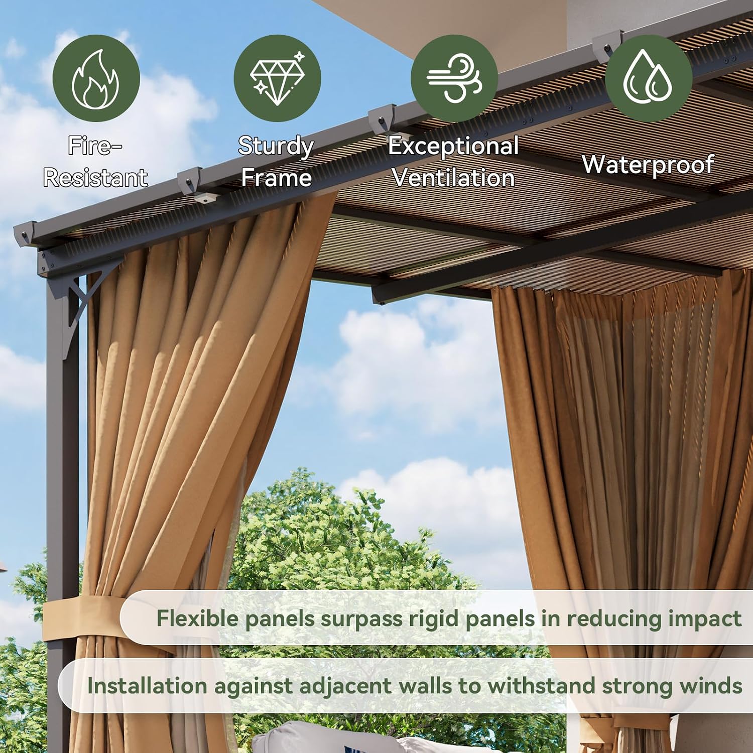 Aoxun 10'x12' Lean to Gazebo with Mosquito Net and Curtains, Aluminum Frame, Polycarbonate Panel, Wall Mounted Pergola with Sloped Roof for Backyard, Porch, Deck