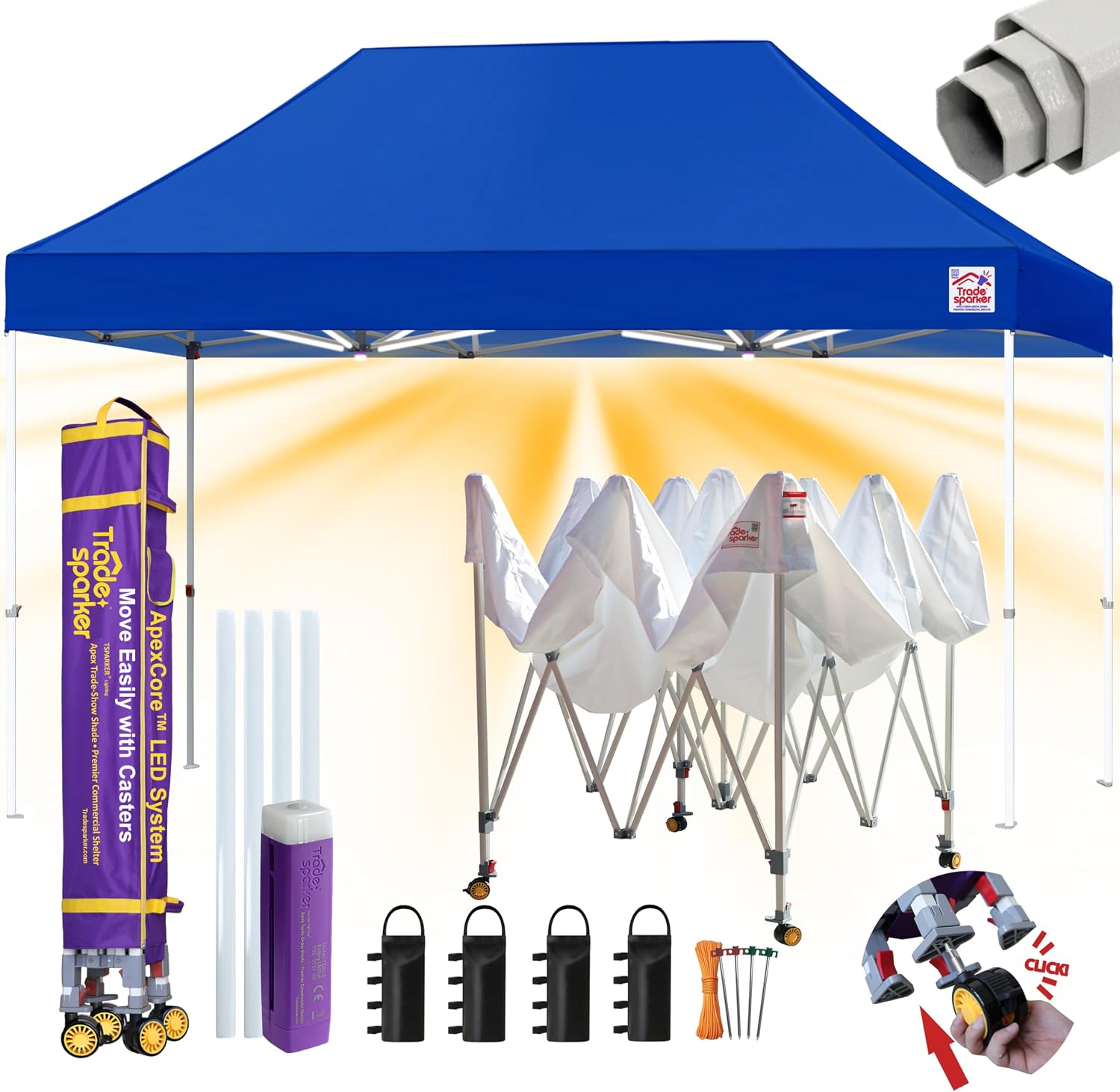 Tradesparker 10x15 Pop Up Canopy Tent,Commercial Movable Canopy with ApexCore LED&Rugged Casters-Instant Easy Setup Shelter Canopies with Weight Bags&Stakes for Outdoor Events Markets Vendors,Blue