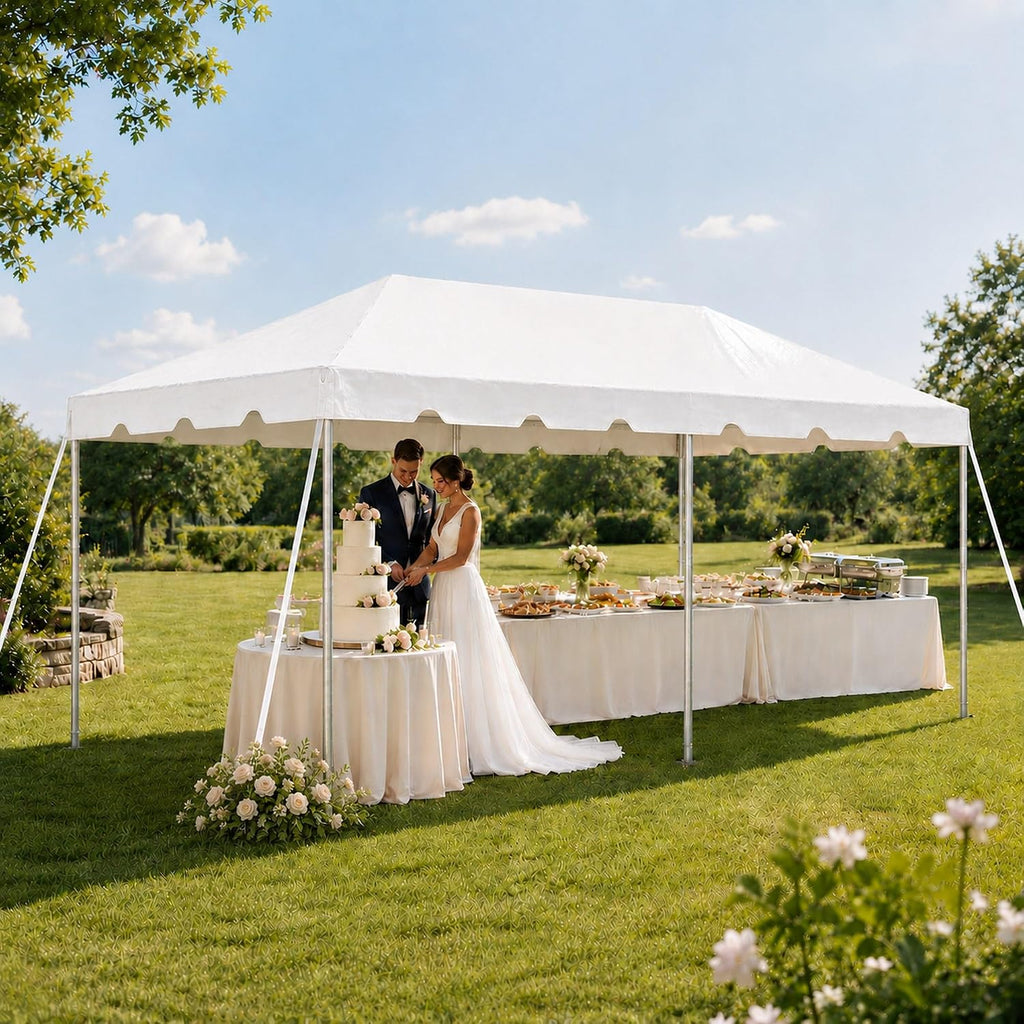 Party Tents Direct 10x20 Weekender West Coast Frame Party Tent, White PVC Canopy with Storage Bag, Professional Grade, No Center Pole, Event Gazebo Pavilion Shelter for Weddings Birthdays and Banquets