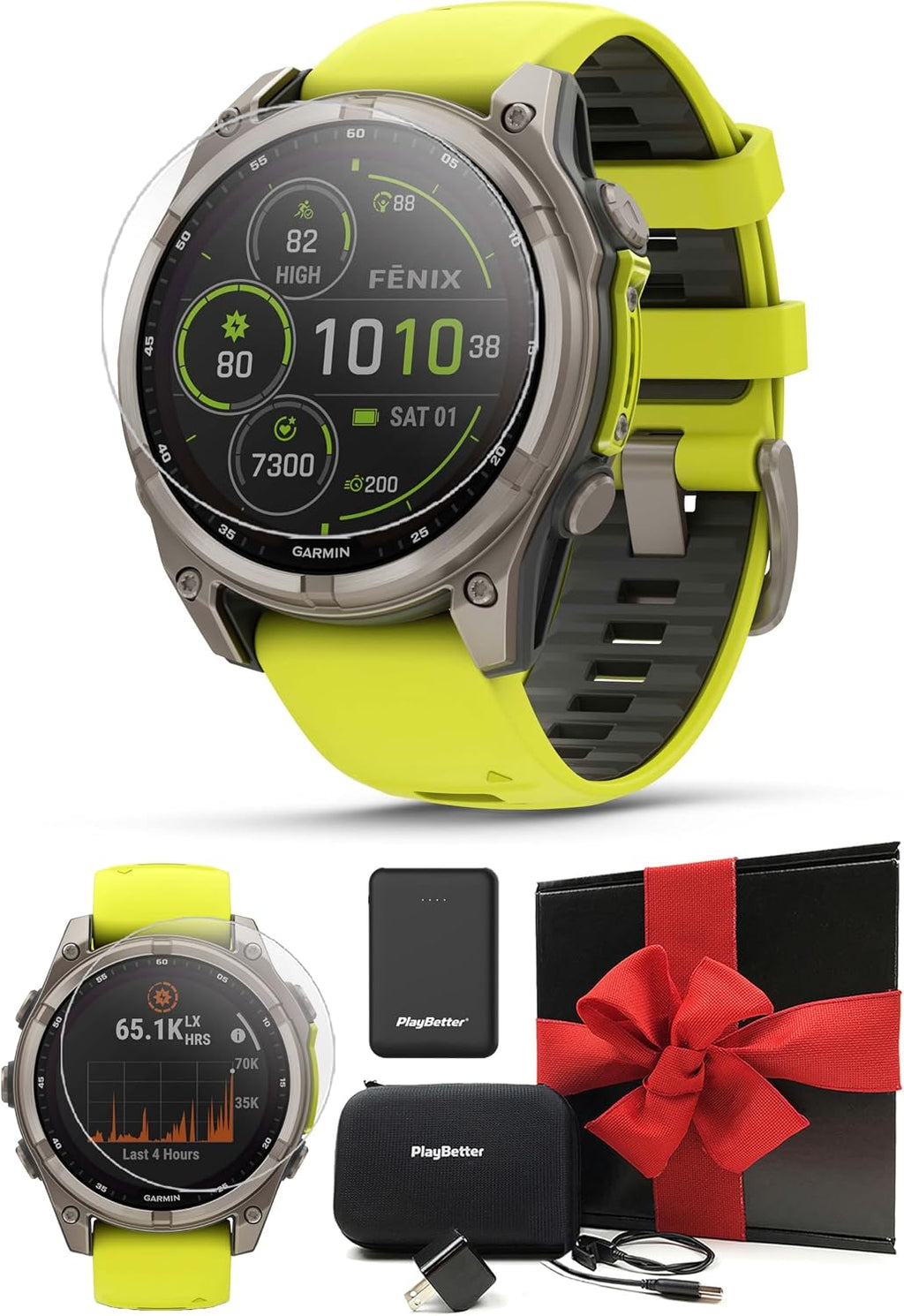 Garmin Fenix 8 Solar Sapphire (47mm, Titanium/Amp Yellow) Multisport GPS Smartwatch Gift Box Bundle - 1.4' Touchscreen, Built-in LED Flashlight with PlayBetter Charger, Screens, Adapter, Case